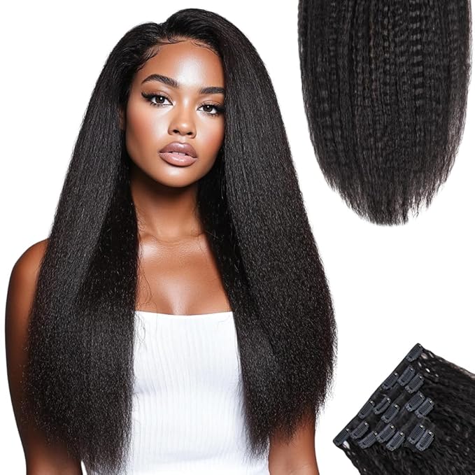 SIYUSI Kinky Straight Clip In Extensions 100% Brazilian Remy Human Hair Clip Ins Scalp-Friendly Invisible Clips Natural Black 3.52oz 7Pcs (16 Inch)