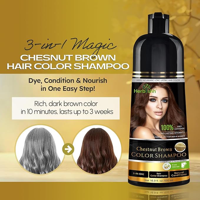 Herbishh Hair Color Shampoo for Gray Hair ? Natural Hair Dye Shampoo ? Lasts Up To 3-4 Weeks ? 500ML ? 3-In-1 Hair Color ? Colors Cleanses and Conditions (Chestnut Brown Giftset)