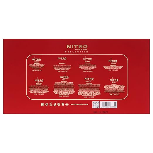 Nitro Collection by Dumont for Men ? 9pc Mini Gift Set: 8 x 0.34oz EDP Vials (Black Green Intense Platinum Red White Blue Nitro Pour Homme) + Travel Spray Case