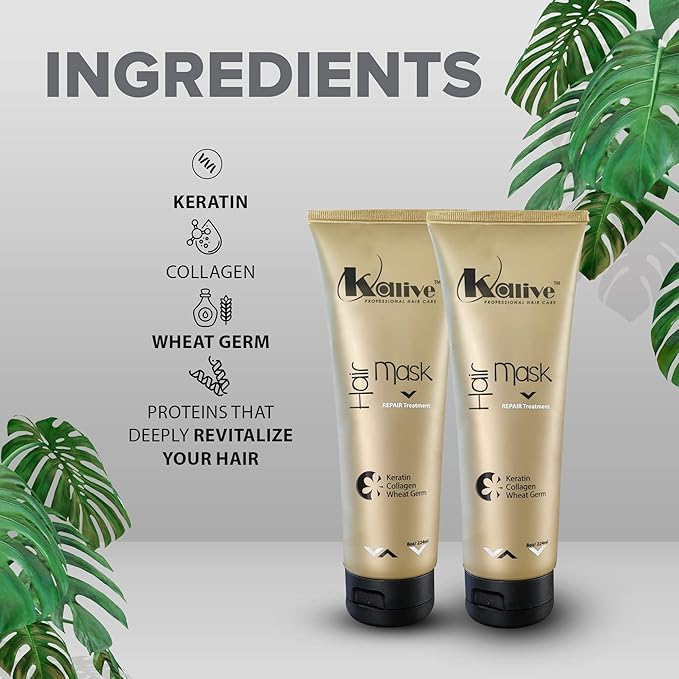 KALIVE Hair Mask for Deep Hydration &amp Repair - 8 oz. Keratin Collagen &amp Wheat Germ - Hair Care Products for Dry Damaged Hair. (Pack of 2)