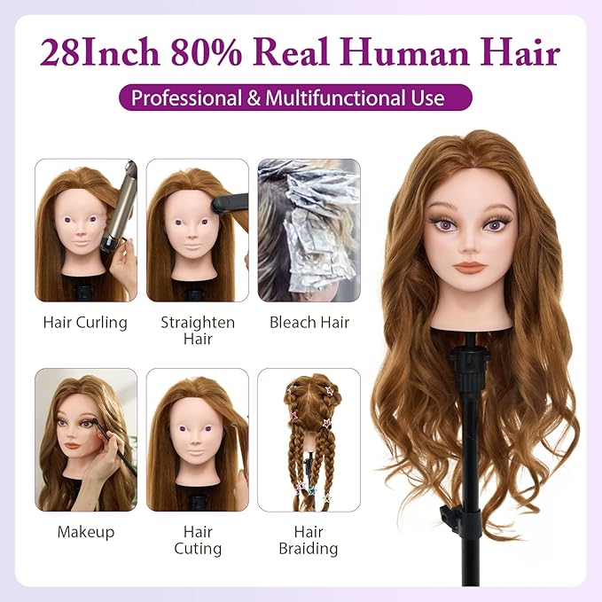 28 Mannequin Head with 80% Human Hair - Cosmetology Makeup Manikin Doll Head for Hair Styling Hairdressing Training Practice Braiding Head with Table Clamp Styling Set Suitable for Hair Extensions