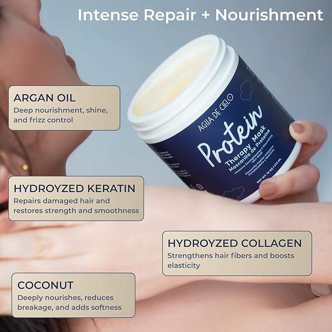Agua de Cielo Protein Therapy Hair Mask for Damaged Hair - Strengthens Conditions &amp Improves Elasticity With Argan Oil Collagen &amp Hydrolyzed Keratin - 16 Oz
