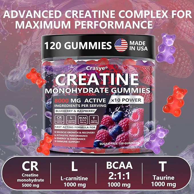 Creatine Monohydrate Gummies Complex 8000 MG for Men Women Creatine Gummy with Taurine BCAA for Energy Support and Muscle Strength Sugar Free Pre-Workout Supplement
