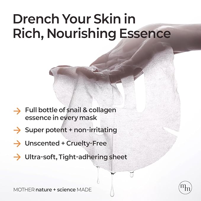 MOTHER MADE Glowing Glass Skin Hydrating Snail Deep Collagen Face Masks Set of 20 EA with Niacinamide 2% Vitamin E Facial Mask for Dry Sensitive Skin Self Care Korean Skincare