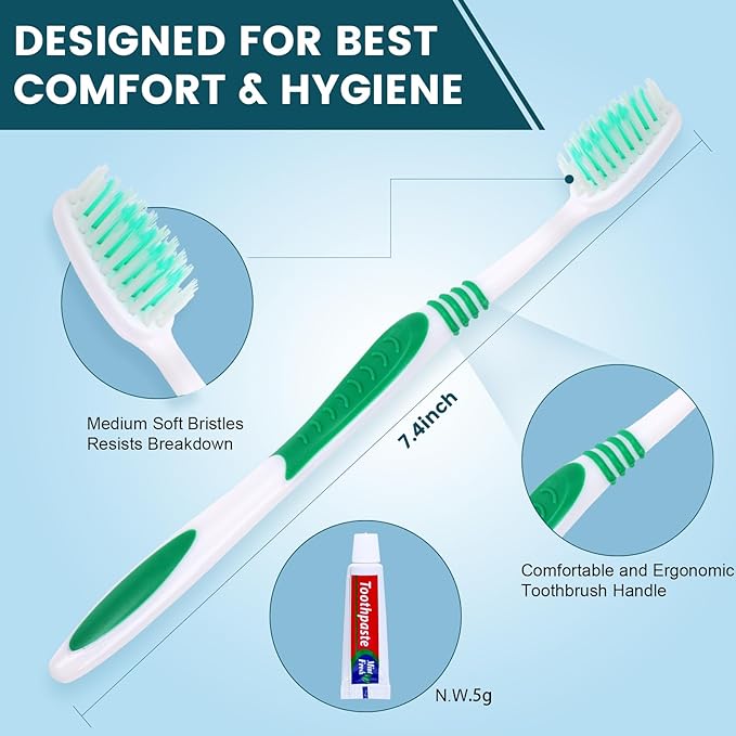Navona 100 PCS Disposable Toothbrush with Toothpaste Bulk Travel Toothpaste Bulk Toothpastes Individually Wrapped Bulk Toothbrush Ergonomics HandleMedium Soft Bristle Perfect for Travel Hotel