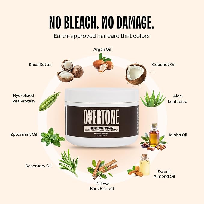 Overtone Semi Permanent Hair Color Conditioner Espresso Brown 8 oz Nourishing Damage-Free Color Depositing Mask for All Hair Types with Shea Butter &amp Coconut Oil Vegan &amp Cruelty-Free