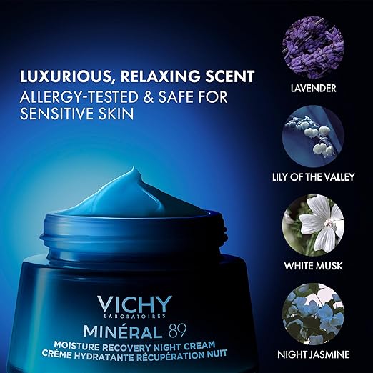 VICHY Min?ral 89 Moisture Recovery Night Cream Face Moisturizer with Hylauronic Acid Melatonin &amp Minerals for Skin Barrier Repair Plumps Skin Non-Greasy 50ml