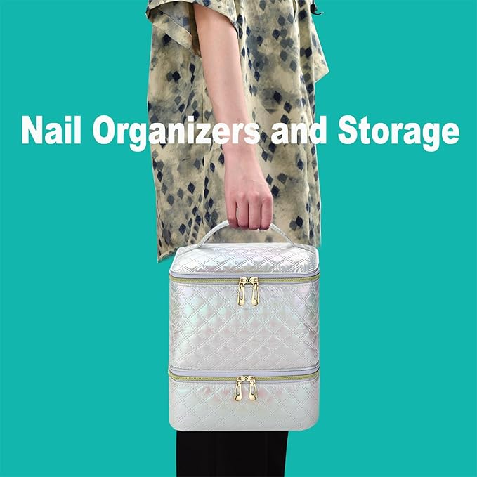 Nail Polish Organizer and Nail Lamp Case Nail Kit Organizer Holds 30 Bottles (15ml - 0.5 fl.oz) and a Nail Lamp Nail Polish Carrying Case with Manicure Tools Storage Sections (White)