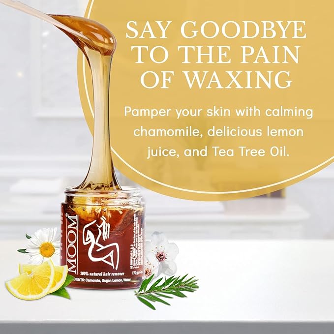 MOOM Organic Sugar Wax with Tea Tree Oil 6 oz Jar Hair Removal for Bikini Brazilian Face &amp Legs - Soft Wax for Sensitive Skin Wax Beads Alternative For Women &amp Men (Strips &amp Sticks NO
