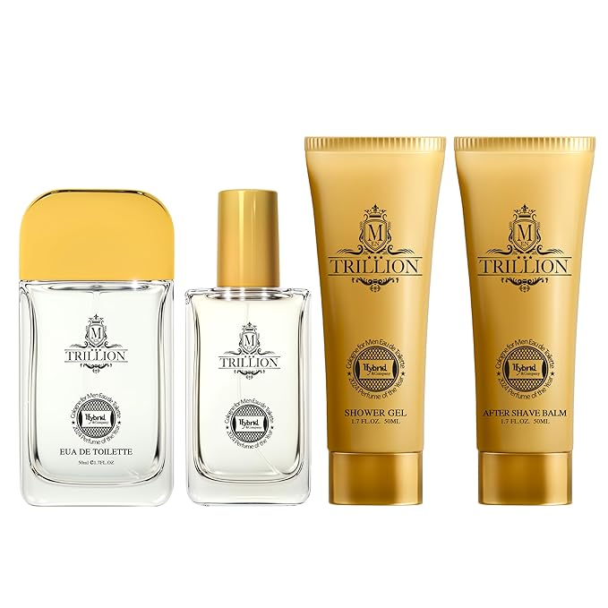 Hybrid &amp Company Men Trillion 4-Piece Gift Set 0.68 Fl.Oz Eau de Toilette 50ml Perfume After Shave Balm Shower Gel