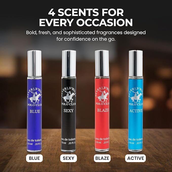 Beverly Hills Polo Club EDT Pen Spray Collection - Set of 4 Men's Fragrance Gift Set - draft Sexy Blaze and Blue Scent - Long-Lasting Travel-Friendly Cologne for Men (10ml Each)