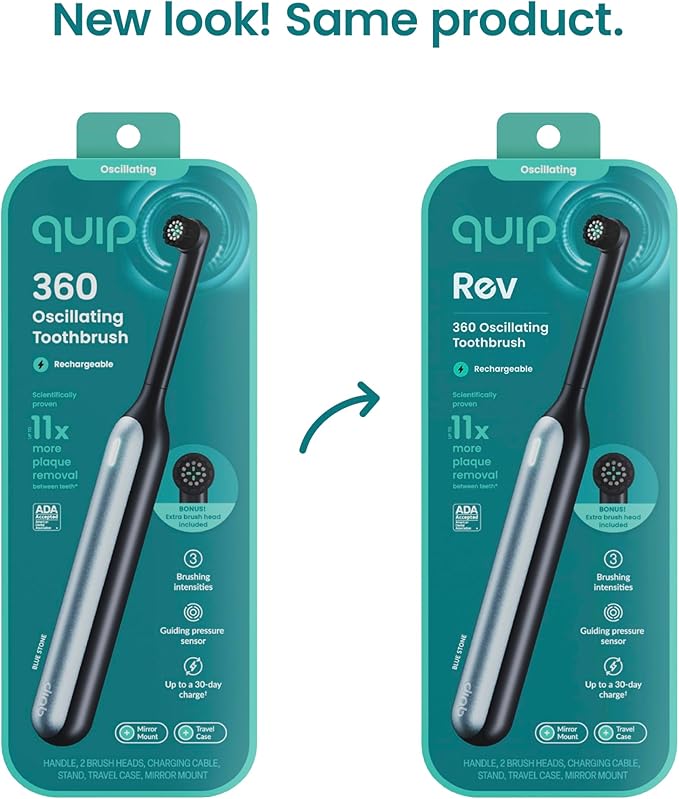 Quip 360 Oscillating Rechargeable Electric Toothbrush with Extra Brush Head - Soft Bristles Pressure Sensor 3 Intensities 30-Day Battery Life 2-Min Timer Travel Case Mirror Mount - Blue Stone