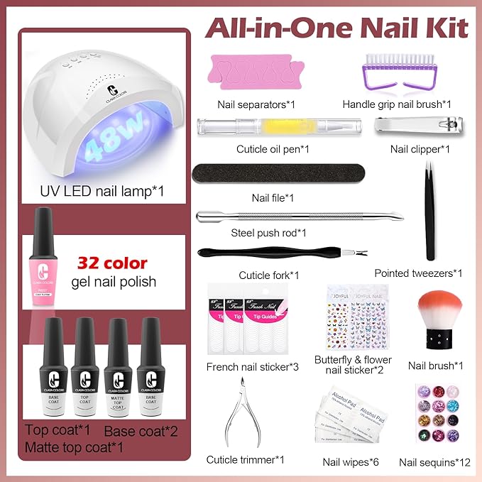 Clara Colors 32 Colors 14ml Gel Nail Polish Kit All In One Gel Polish Set with Base Matte Glossy Top Coat Tools Nails Art Decorations Salon Gel Polish Starter Kit Full Cover Natural