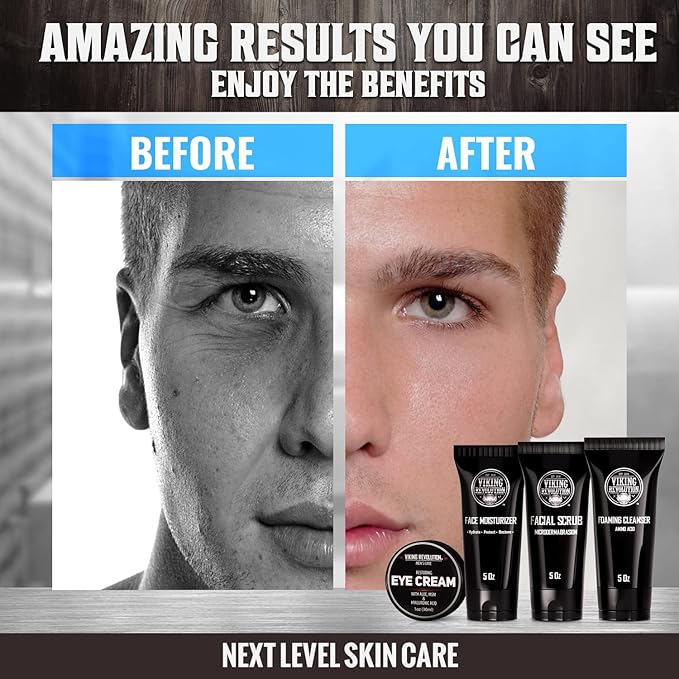 Viking Revolution Men's Facial Skin Care Kit - Includes Rejuvenating Face Moisturizer Microdermabrasion Facial Scrub Foaming Cleanser (5oz Each) and Eye Cream (1oz)