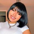 Black Human Hair Bob Wigs with Bangs Light Yaki Straight Shoulder Length Heat Resistant for Black Women Daily Cosplay (Black10 Inch)