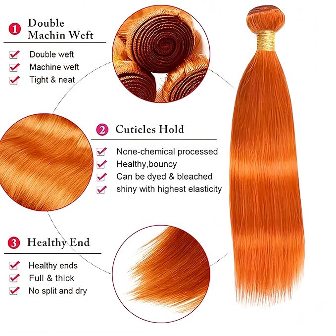 Orange Straight Human Hair Bundles 24 26 28 Inch Brazilian Remy Virgin 10A Straight 3 Bundles Human Hair Hair Extensions Bundles Orange