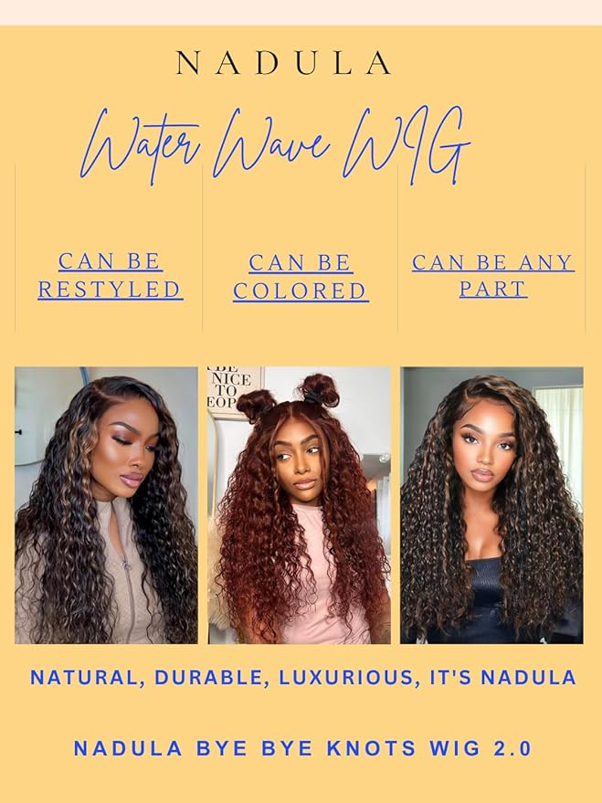 Nadula Golden Brown Highlight Water Wave Bye Bye Knots Glueless Wig Pre Cut 7X5 Invisible Knots HD Lace Front Wigs Human Hair Pre Plucked Wet and Wavy Ready to Go Wig 150% Density 16inch