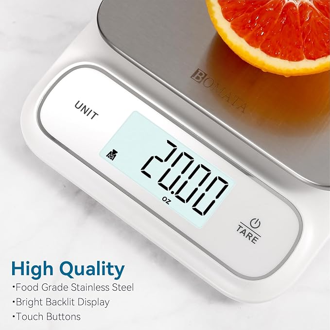 BOMATA Waterproof IPX6 Kitchen Scale 0.1 g/0.01 oz High Precision 5 kg/11 lbs Digital Scale with Backlight Stainless Steel Weighing Platform for Food Cooking Baking Weight Loss.. B619 White