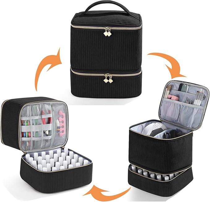 Corduroy Nail Polish Organizer and Nail Lamp Case Nail Kit Organizer Holds 30 Bottles (15ml - 0.5 fl.oz) and a Nail Lamp Nail Polish Carrying Case with Manicure Tools Storage Sections (Black)