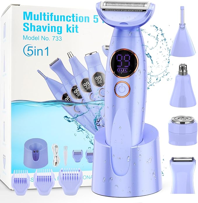 5 in 1 Bikini Trimmer for WomenIPX7 Waterproof Cordless Replaceable PubicEyebrowFacial Electric Razors&ampNose Hair Trimmer&ampPainless Body Shaver for Arms Legs UnderarmsUSB ChargeLED Display