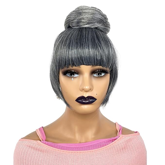 Grey Bun &amp Bangs Set 2PCS - Quick Clip in Ponytail Bun with Bang M Size Updo Twist Braided Chignon Scrunchie Hair Piece for Black Women