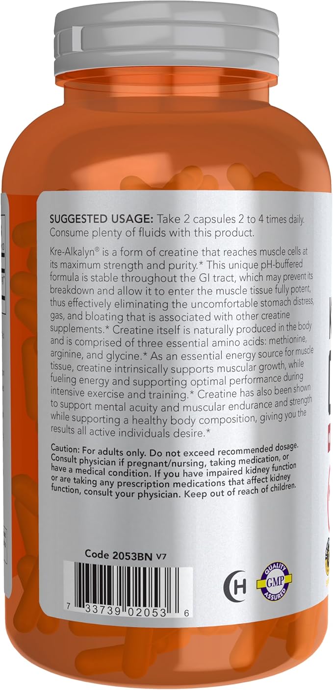 NOW Foods Sports Nutrition Kre-Alkalyn Creatine 750 mg Mass Building*/Energy Production* 240 Veg Capsules