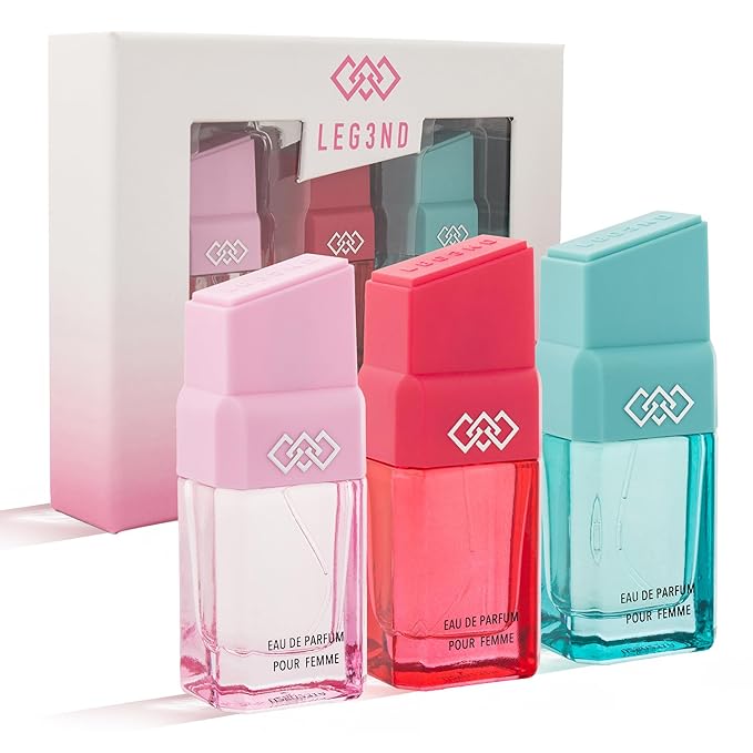 LEG3ND Set of 3 Pour Femme - Fresh Floral &amp Sweet Cologne for Women - Long-Lasting Luxury Fragrance with Essential Oils - Comes in a Glass Bottle Spray (15ml each)