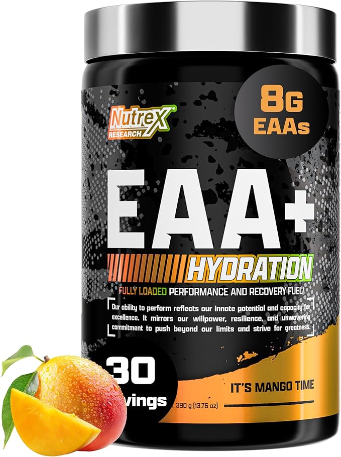 Nutrex Research EAA Hydration | EAAs + BCAA Powder | Muscle Recovery Strength Muscle Building Endurance | 8G Essential Amino Acids + Electrolytes | 30 Servings It's Mango Time