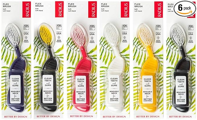 RADIUS Flex Brush with Soft Bristles Toothbrush BPA Free &amp ADA Accepted Designed to Improve Gum Health &amp Reduce Issues - Left Hand - Assorted - Pack of 6