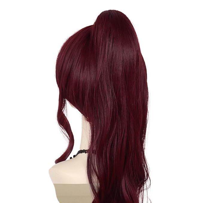 GNIMEGIL Short Wine Red Wigs for Women with 27 inch Long Ponytail in Deep Burgundy Wig with Bangs Trendy Hair Accessory Megara Wigs with Hair Extensions Ponytail Halloween Costume Dark Cherry Red Wig