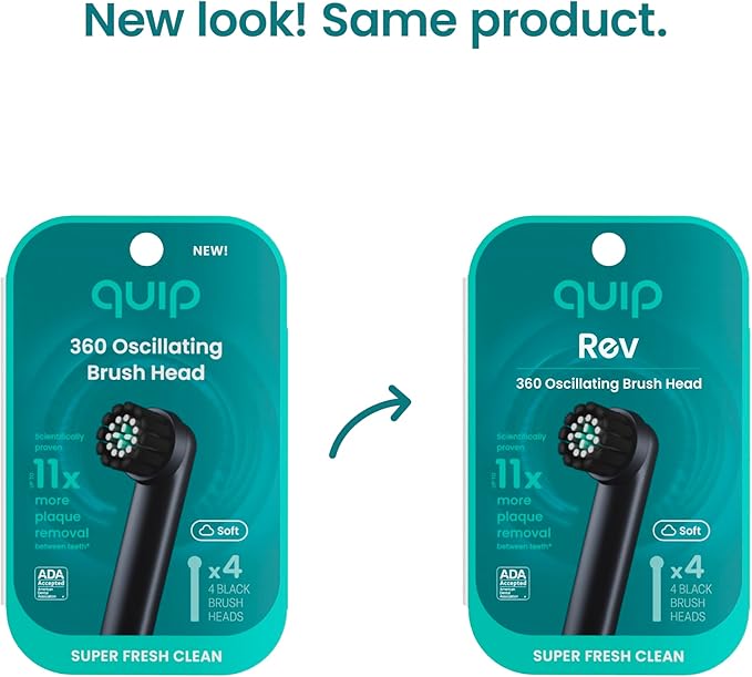 quip Rev 360 Oscillating Electric Toothbrush Heads - 4 Pack - Verified quip Brush Head Refills for Oscillating Toothbrushes - Soft Bristles Dual-Length Compact - Last 3 Months Each - Black