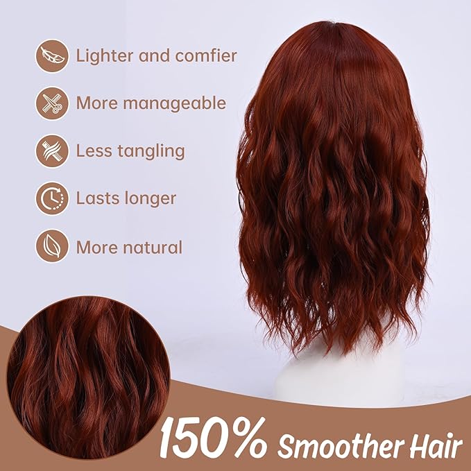 Medium Length Copper Red Wavy Wigs for Women 18 Inch Middle Part Wavy Fox Red Wig Natural Looking Synthetic Heat Resistant Fiber Wig for Daily Party Use (18 inch)