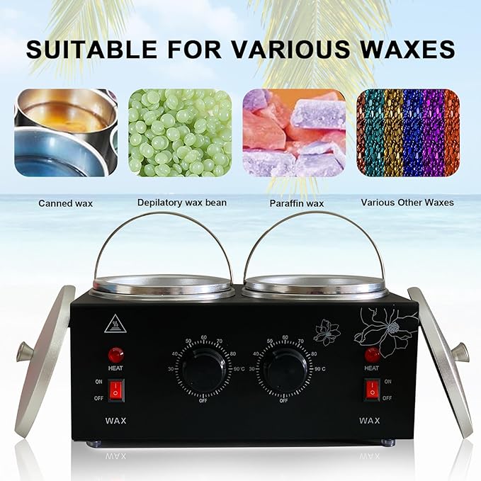 Black Double Pots Wax Warmer Professional Melted Wax Beads for Hair RemovalFast Electric Wax Heater with Adjustable Temperature Set for Women (Black-Double Pots)