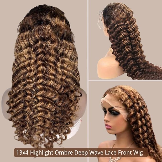 4/27 Deep Wave Human Hair Wig Highlight Ombre Color 13x4 HD Transparent Lace Front Wig 200 Density Pre-Plucked Hairline with Baby Hair Glueless for Women 32 Inch