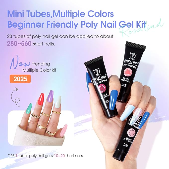 ROSALIND 28 Colors Poly Nail Gel Kit with Mini Lamp Clear Neon Poly Nail Gel Starter Kit for Beginners Halloween All Seasons Classic Colors with Everything