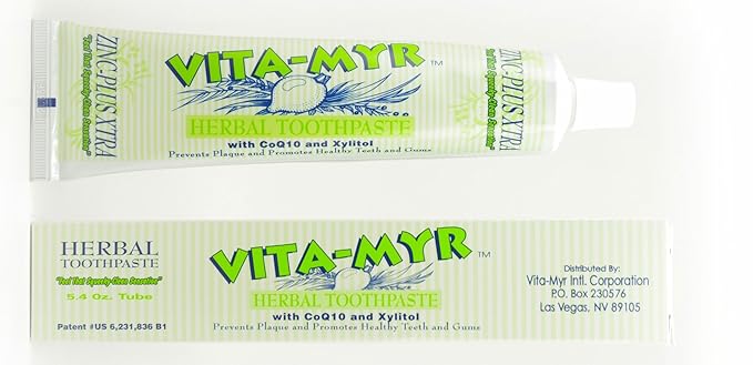 Vita-Myr Zinc+ Toothpaste No Sugar No Fluoride Gluten Free SLS Free No Alcohol No Saccharin No Artificial Sweetener/Color Made in USA.5.4 Ounce Pack of 6