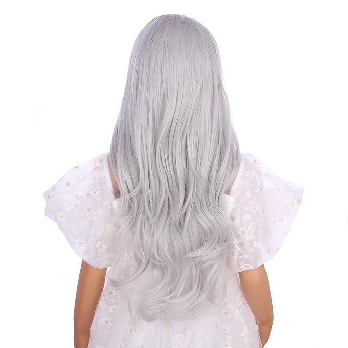 Sliver Gray Wig for Girls Child Long Slive Grey Wavy Curly Wig Kids Long Middle Part Wigs Heat Resistant Synthetic Wigs with Cap