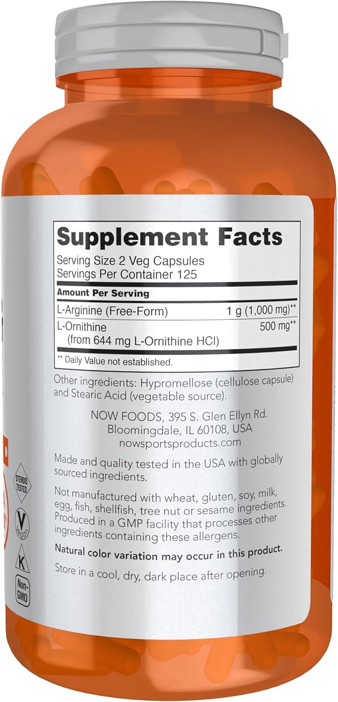 NOW Foods Sports Nutrition Arginine &amp Ornithine 500/250 mg Amino Acids 250 Veg Capsules