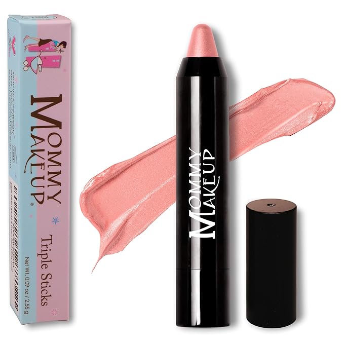 Mommy Makeup Triple Sticks Lipstick Cream Blush &amp Treatment All-In-One with Shea &amp Cocoa Butter - Soft &amp Creamy Moisturizing Lip Crayon For Lips &amp Cheeks (Riley Love)