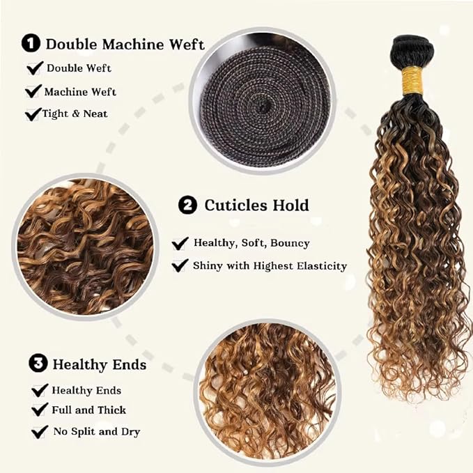 P427 Human Hair Bundles Ombre Highlight Bundle #4 Water Wave Human Hair 3 Bundles 16 18 20 inch Brown and Honey Blonde Color