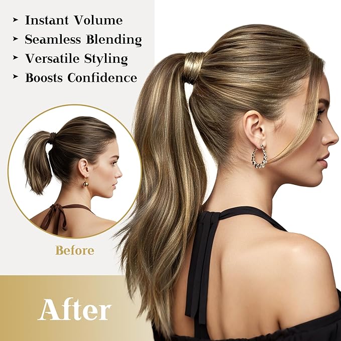 Ve Sunny Ponytail Extension Real Human Hair for Women Clip in Ponytail Hair Extension Straight Hair Pieces Wrap Around Chocolate Brown Mix Caramel Blonde 18inch 80G