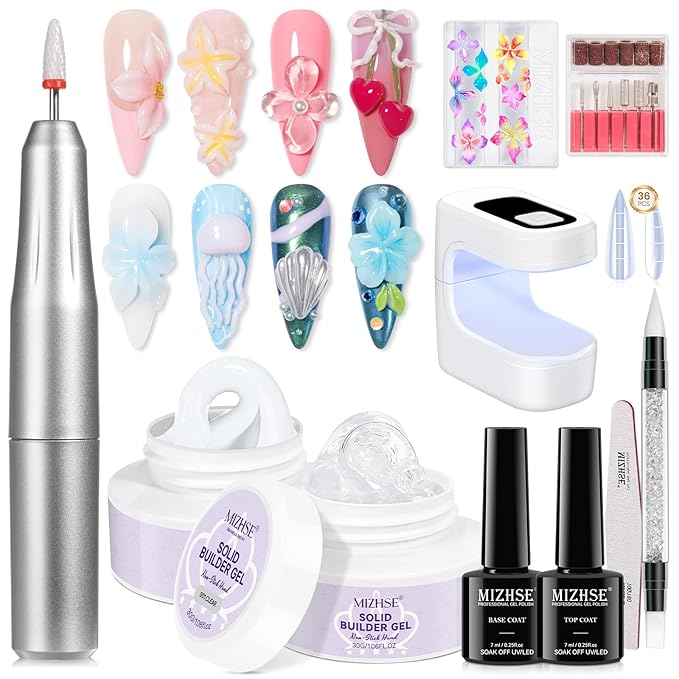 MIZHSE Solid Builder Nail Gel Kit with Nail Drill Clear White 3D Sculpting Gel for NailS Art with U V Lamp Brush for Nails Extension Home Salon DIY Manicure