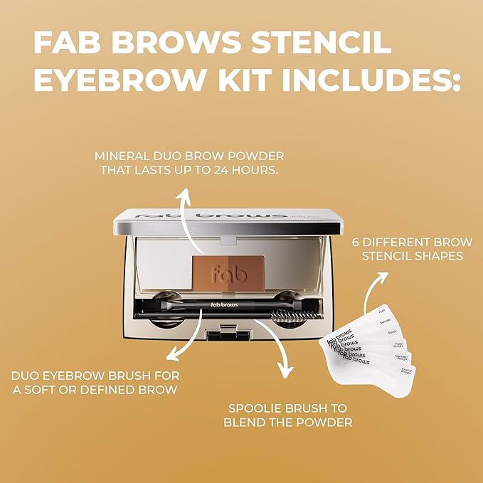 Fab Brows Duo Eyebrow Kit Ultimate Brow Stencil Kit with Compact Powder Mirror and Eyebrow Shaper Waterproof Eyebrow Makeup Kit Contour Palette Eyebrow Cosmetics (Light/Medium Brown)