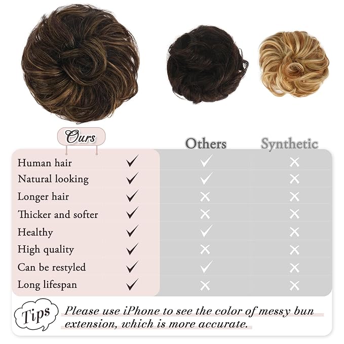 RUWISS Messy Bun Hair Piece Human Hair Messy Rose Bun Hair Buns Hair Piece for Women Real Hair Scrunchies Updo Hair Pieces Bun Extension Ponytail Messy Hair Bun (Brown Mixed)