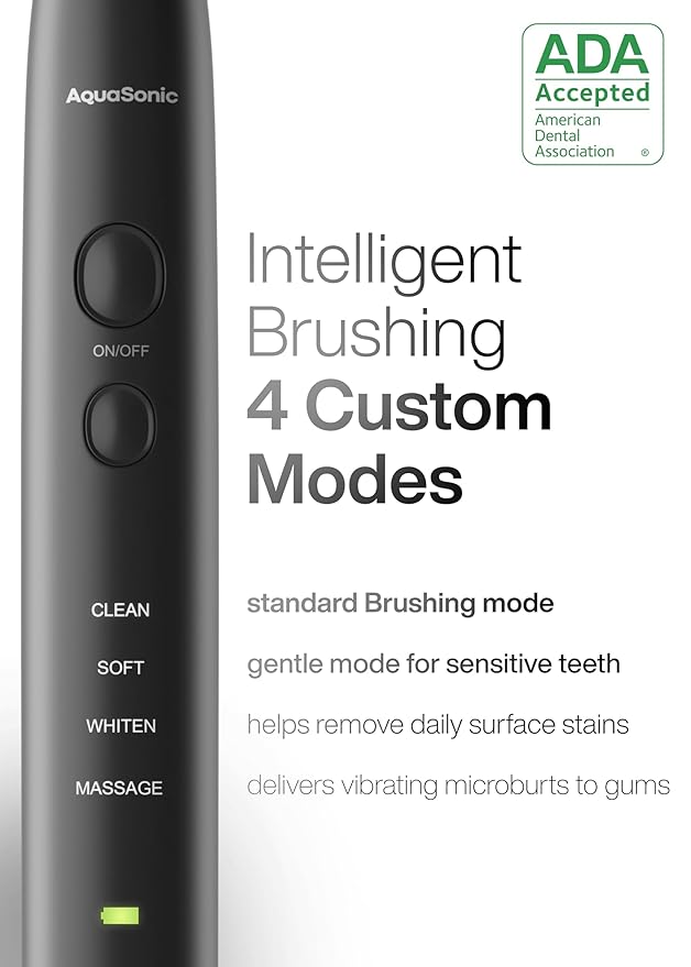 Aquasonic Black Series Ultra Whitening Toothbrush ? ADA Accepted Electric Toothbrush- 8 Brush Heads &amp Travel Case ? 40000 VPM Electric Motor &amp Wireless Charging - 4 Modes w Smart Timer