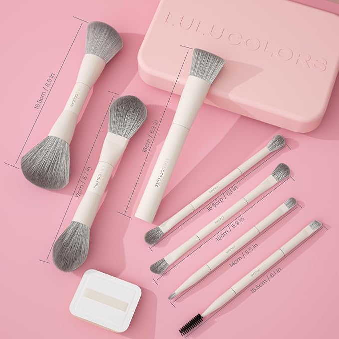 13-in-1 Dual-Ended Makeup Brush Set with Sponge &amp Travel Case ? 7 Multi-Functional Brushes for Face &amp Eyes ? Soft Bristles Wooden Handles ? Available in Cream Green or Pink (Blush Pink)
