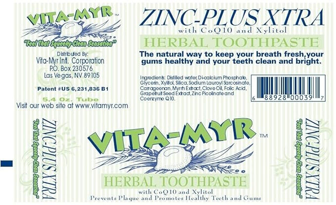 Vita-Myr Zinc+ Toothpaste No Sugar No Fluoride Gluten Free SLS Free No Alcohol No Saccharin No Artificial Sweetener/Color Made in USA.5.4 Ounce Pack of 6