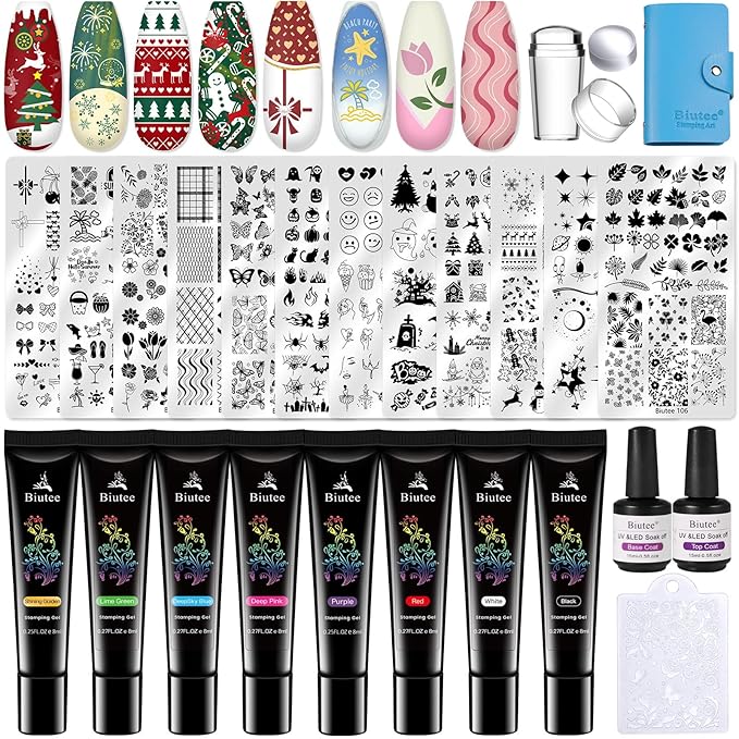 Biutee Nail Stamper Kit 12Pcs Nail Art Stamping Plate 8 Colors Stamp Polish Gel with Top Coat and Base Coat Set Silicone Stamper Scraper Nail Stamp Plates Love Flower Butterfly Leaf Christmas Design