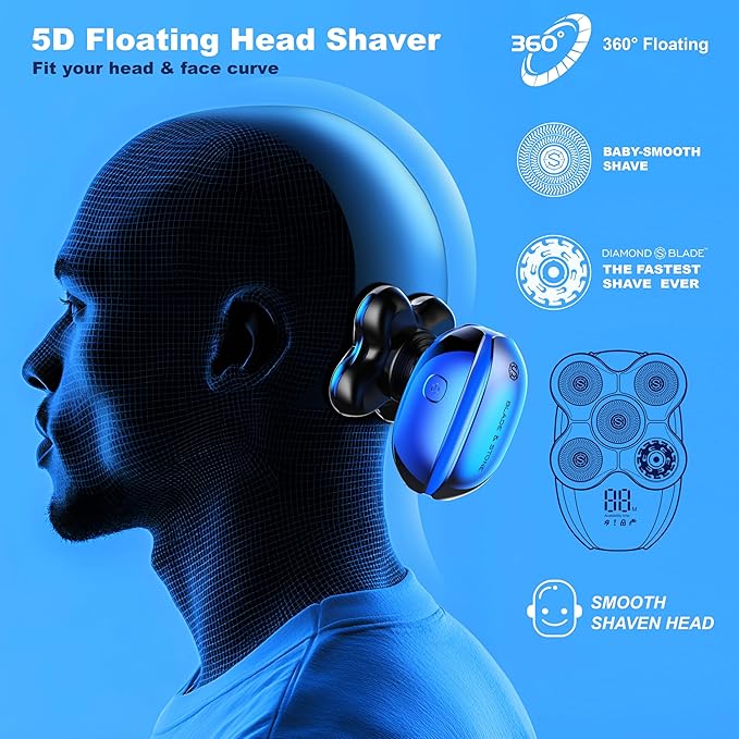 Blade &amp Stone® Head Shaver for Men HS505-BB | Diamond-S-Blade® | MIMO Net Technology for Superior Skin Comfort | 8500 RPM Durable Motor USB-C Rechargeable - Big Blue
