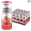 Optimum Nutrition Amino Energy Sparkling Hydration Drink Electrolytes Caffeine Amino Acids BCAAs Sugar Free Juicy Strawberry 12 Fl Oz 12 Pack (Packaging May Vary)